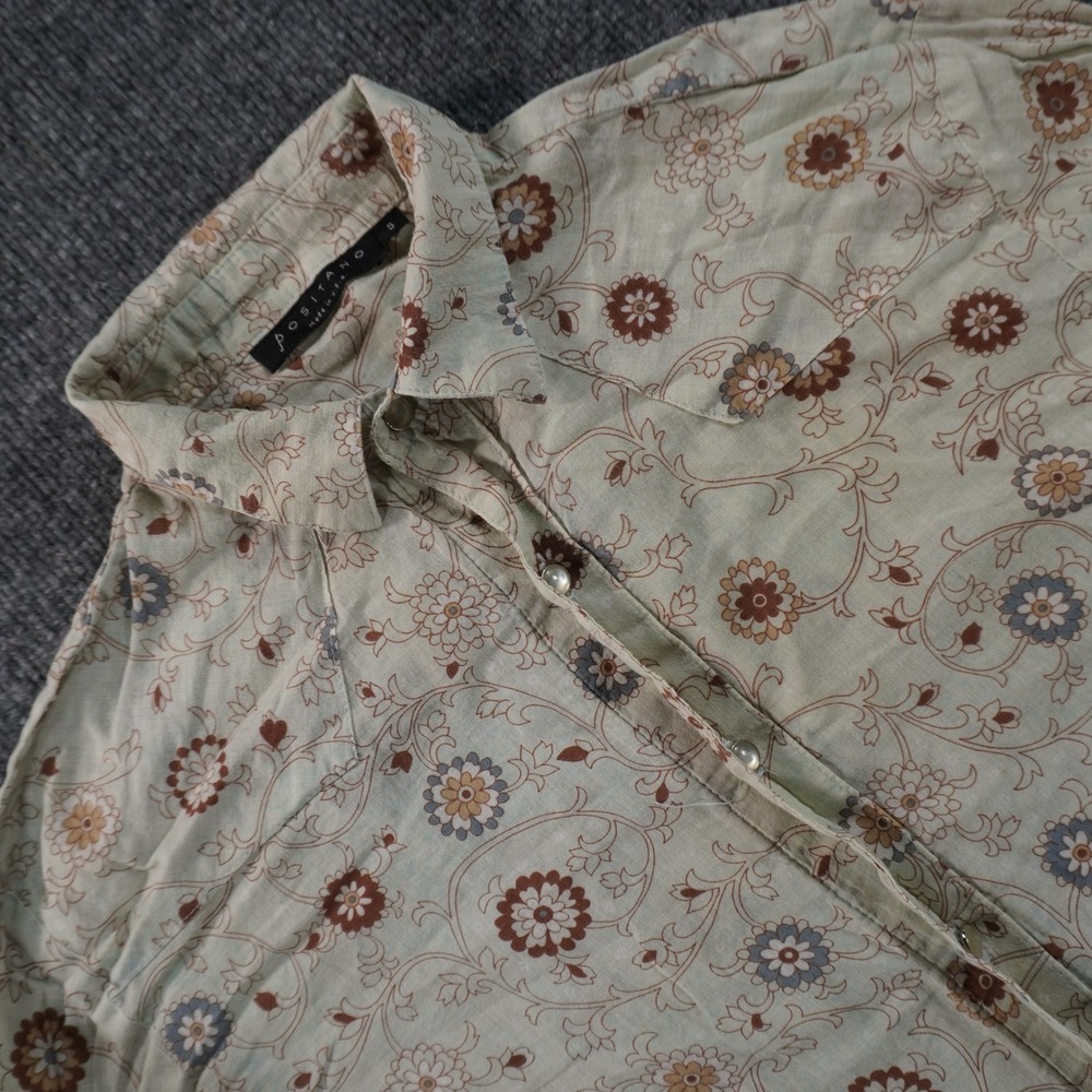 Positano Button Down Shirt Mens Small Green Floral Medallion Long Sleeve Pearl